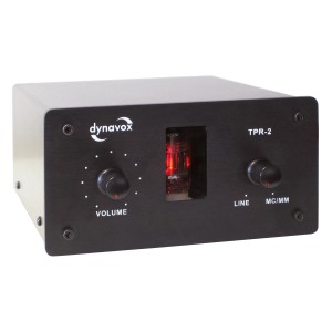 Schwarzer Dynavox TPR-2 Phono-Vorverstärker mit Röhre und Lautstärkeregler.