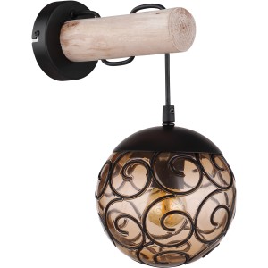 Schwarze Globo Wandlampe Ma x i mit Holzarm und amberfarbenem Glasschirm.