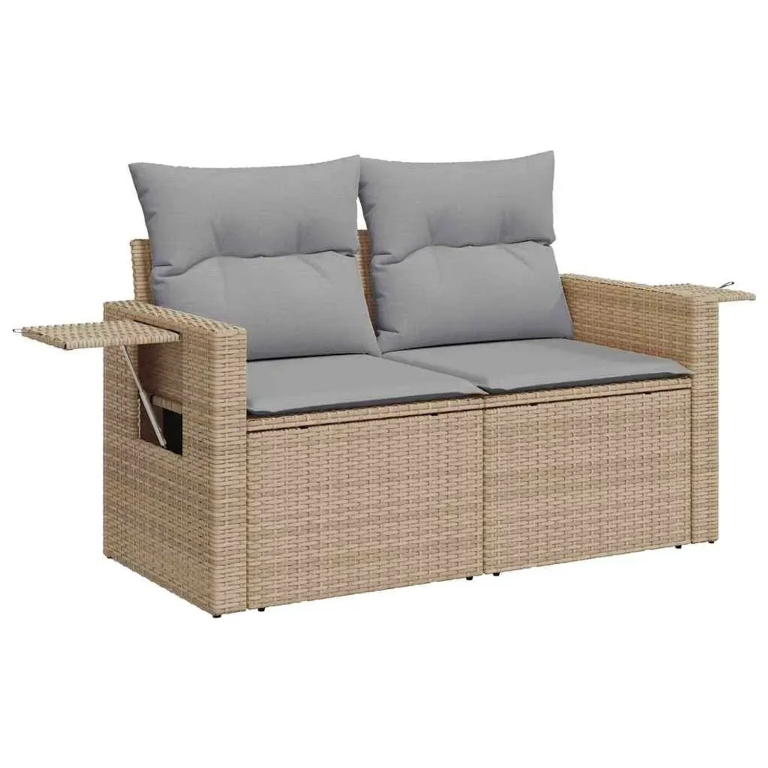 Beiges 2-Sitzer Gartensofa aus Rattan mit grauen Kissen, Teil eines vidaXL Garten-Sofa-Sets.