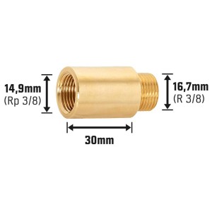 Hahnverlängerung aus Messing, 14,9 mm (Rp 3/8) x 16,7 mm (R 3/8), 30 mm Länge für Gewindefittings.