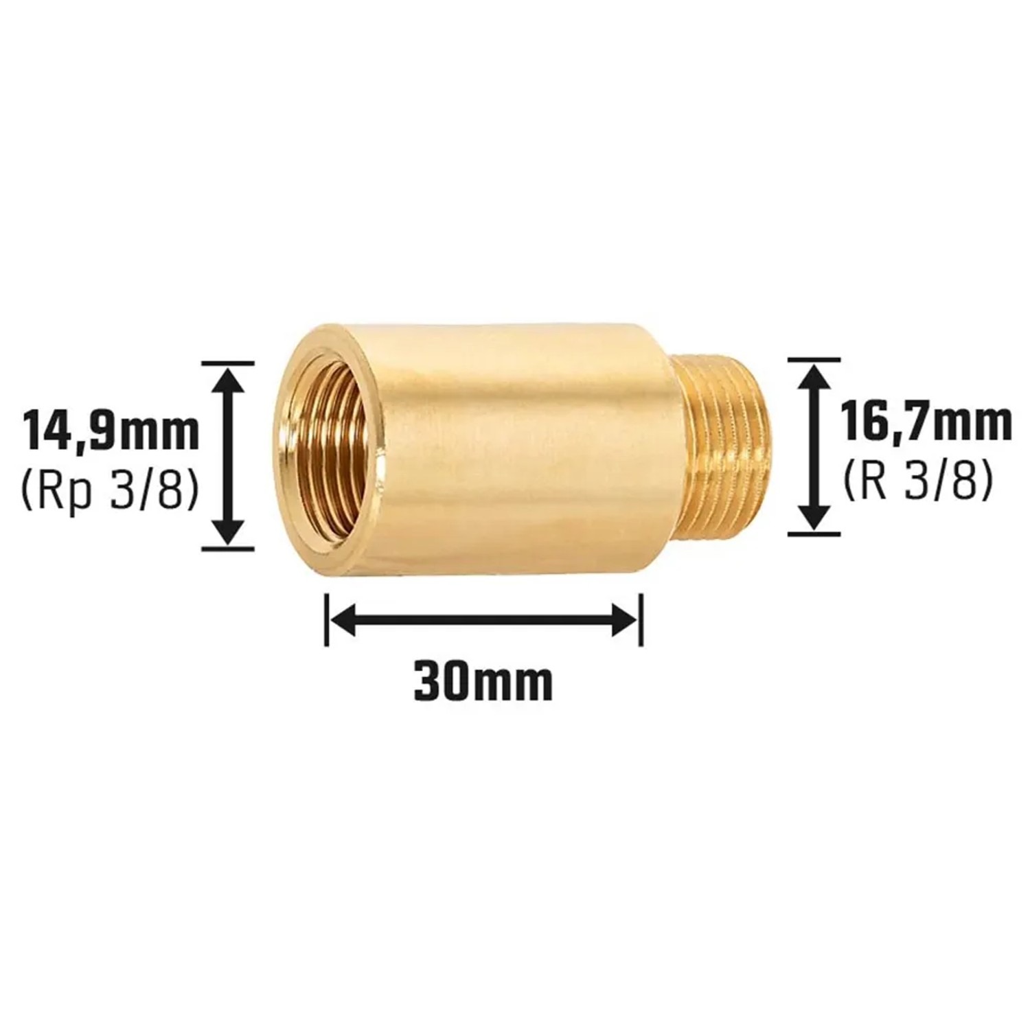 Hahnverlängerung aus Messing, 14,9 mm (Rp 3/8) x 16,7 mm (R 3/8), 30 mm Länge für Gewindefittings.