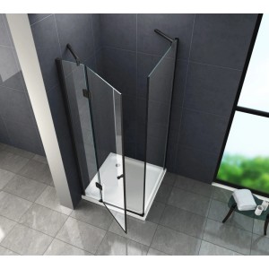 Glasdeals Duschkabine NOVUM, 100x100 cm, schwarze Profile, Eckeinstieg mit Drehtür.