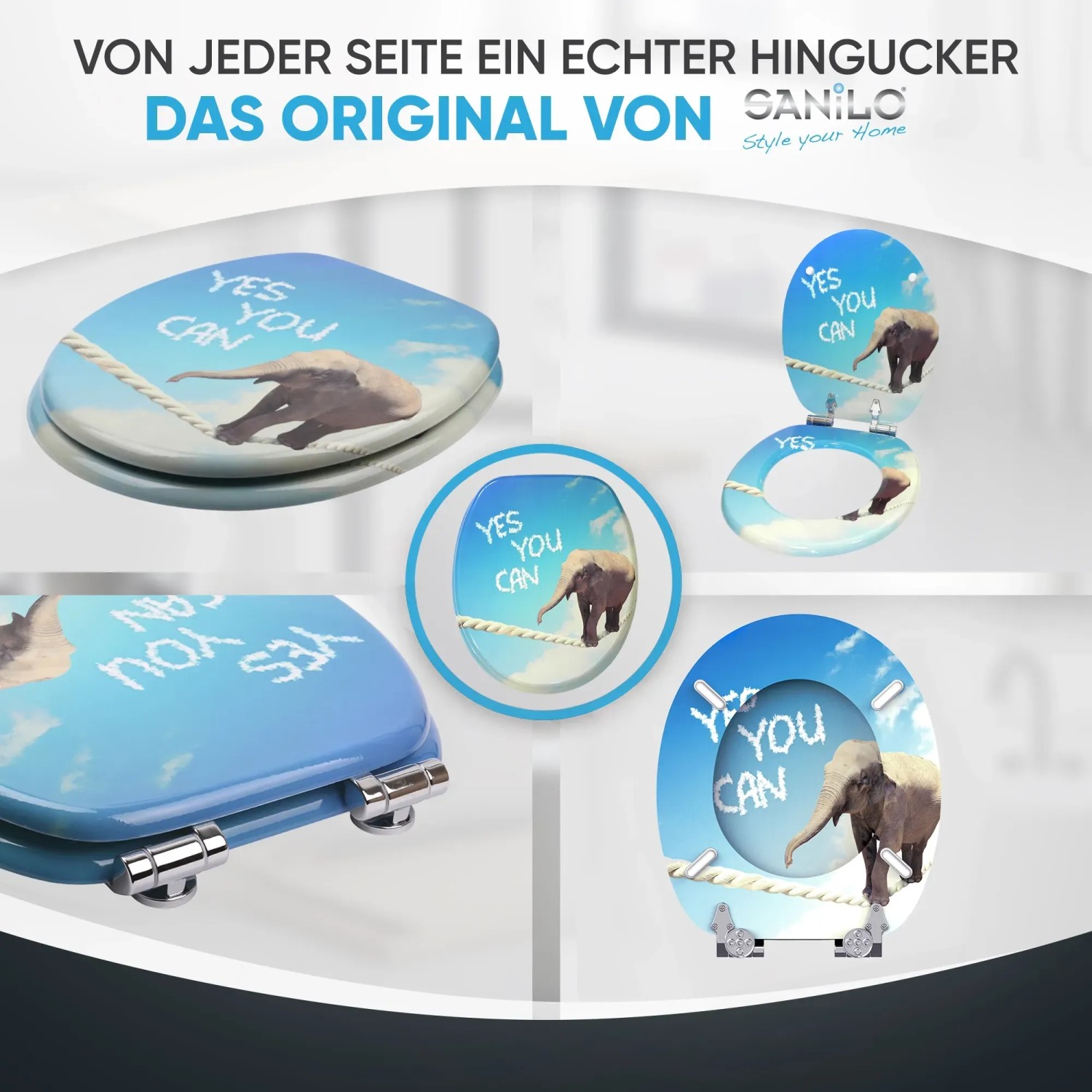 Sanilo WC-Sitz mit Absenkautomatik, Holz, Elefant-Motiv und Schriftzug 'Yes you can'.