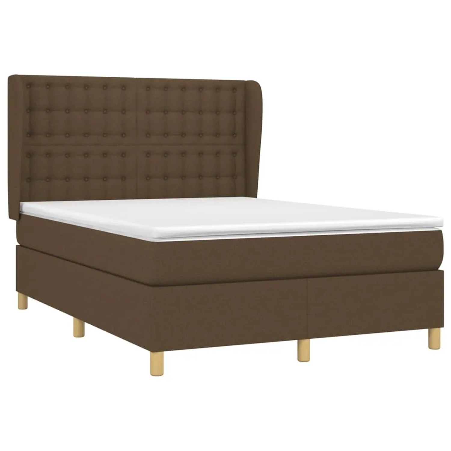 Dunkelbraunes Boxspringbett 140x200 cm mit Stoffbezug und Matratze.
