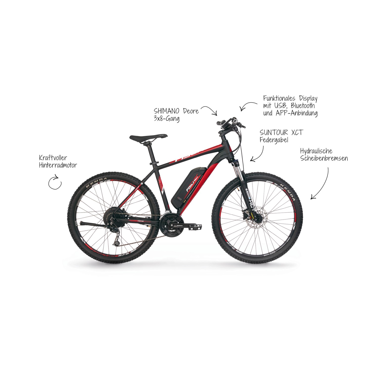 Schwarzes Fischer E-Bike Mountainbike 27,5 EM 1726.1 mit roter Akku-Halterung und Shimano-Ausstattung.