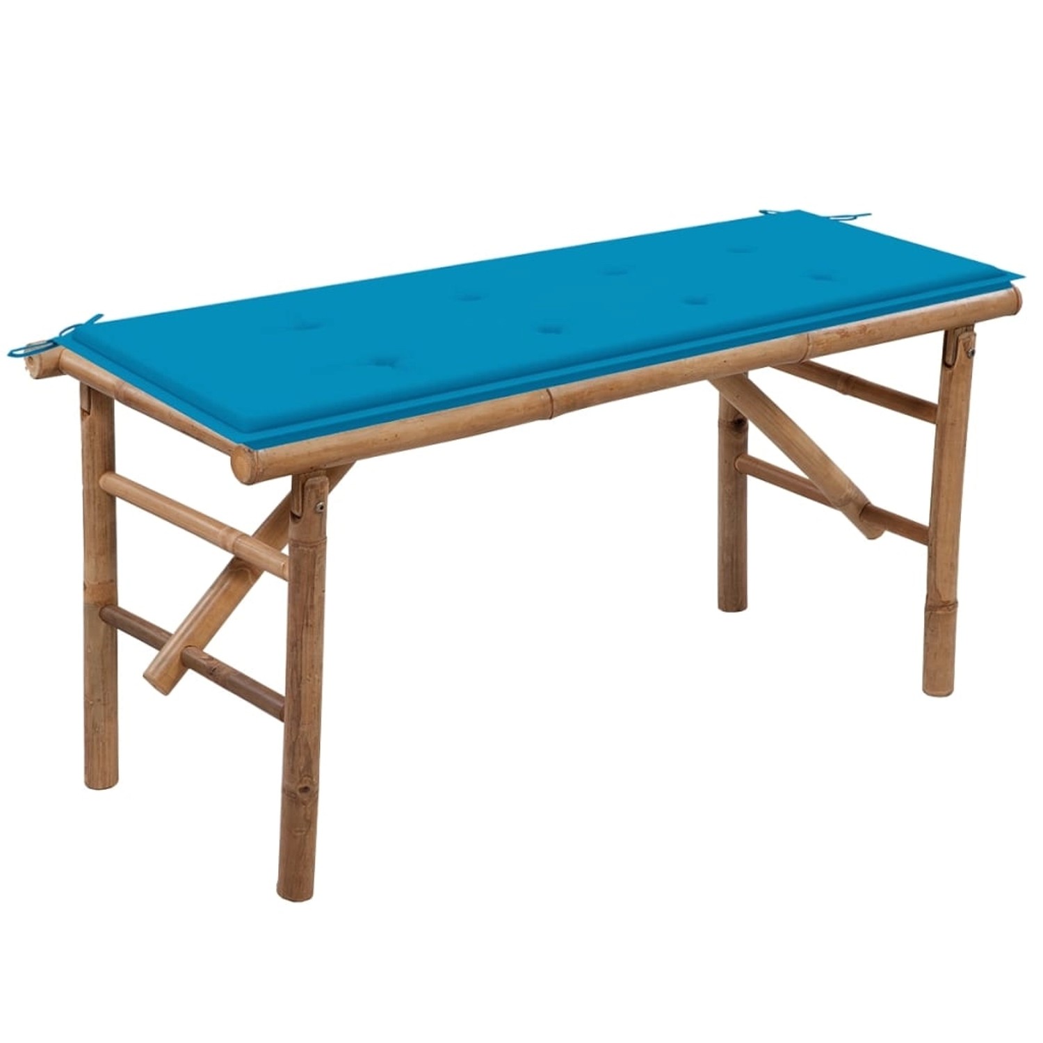 Klappbare Gartenbank aus Bambus mit blauer Auflage, ideal für Garten, Terrasse oder Veranda.