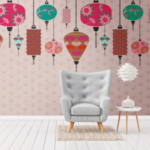 Fototapete Asiatisch Rosa mit Laternen-Motiv für Wohnzimmer, Schlafzimmer oder Kinderzimmer.
