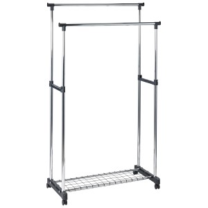 Rollgarderobe Duo mit zwei höhenverstellbaren Kleiderstangen und Schuhablage.