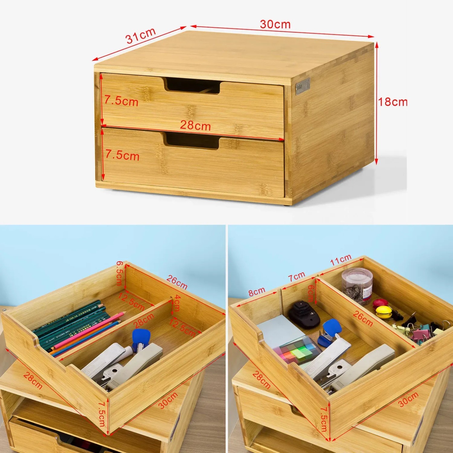 SoBuy Schubladenbox Aufbewahrungsbox Schreibtischorganizer 30x18x31cm Bambus FRG82-N_8