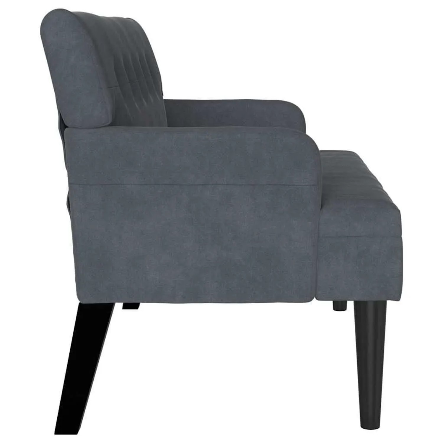 Dunkelgraue Chesterfield Bank (112cm) aus Samt mit Holzfüßen. Elegante Sitzbank für Wohnzimmer.