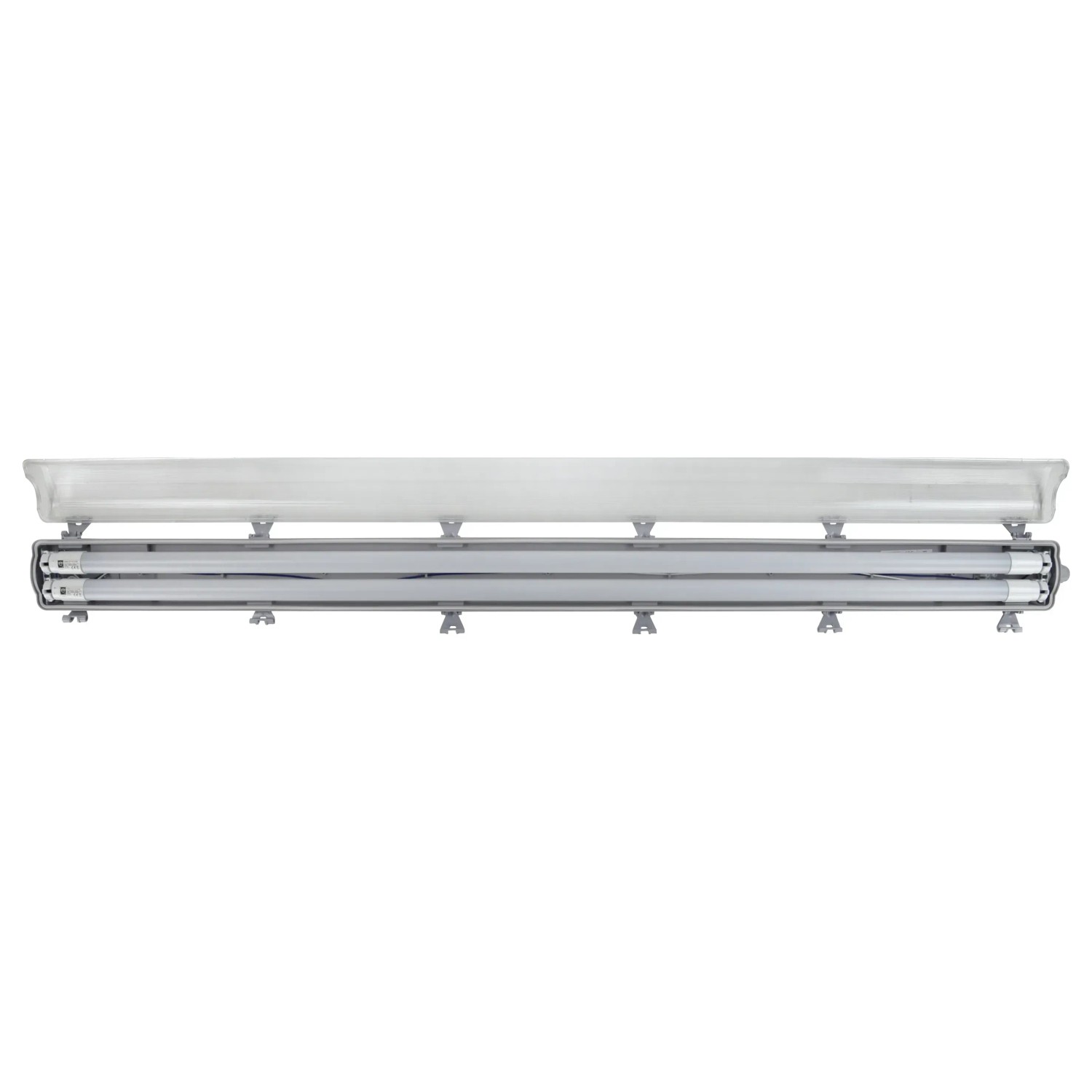 Graue E2 Elektro LED Feuchtraumleuchte Classic M 2x18W mit zwei Leuchtstoffröhren.