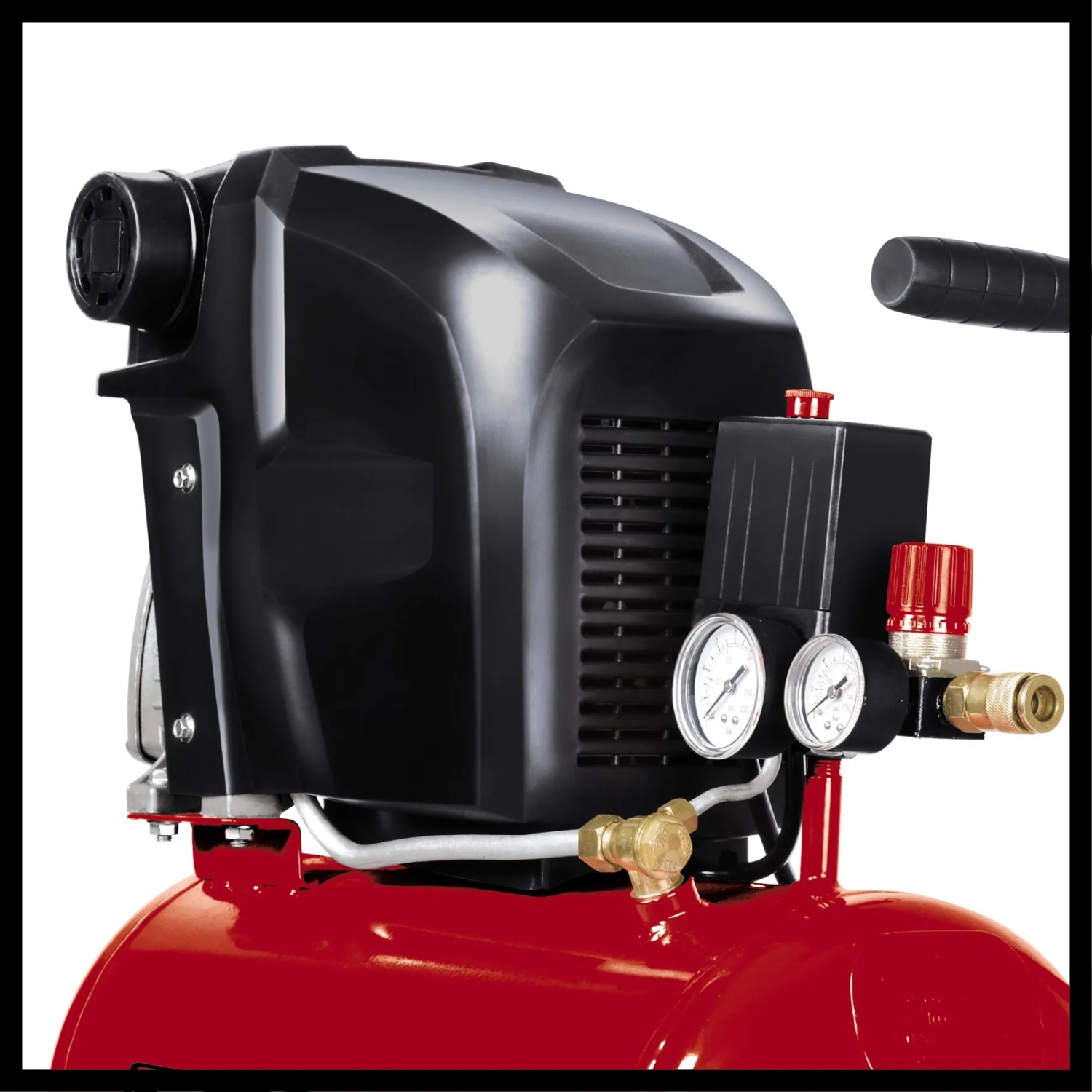 Detailansicht des Einhell Kompressors TE-AC 230/24 mit Manometer und Druckminderer.