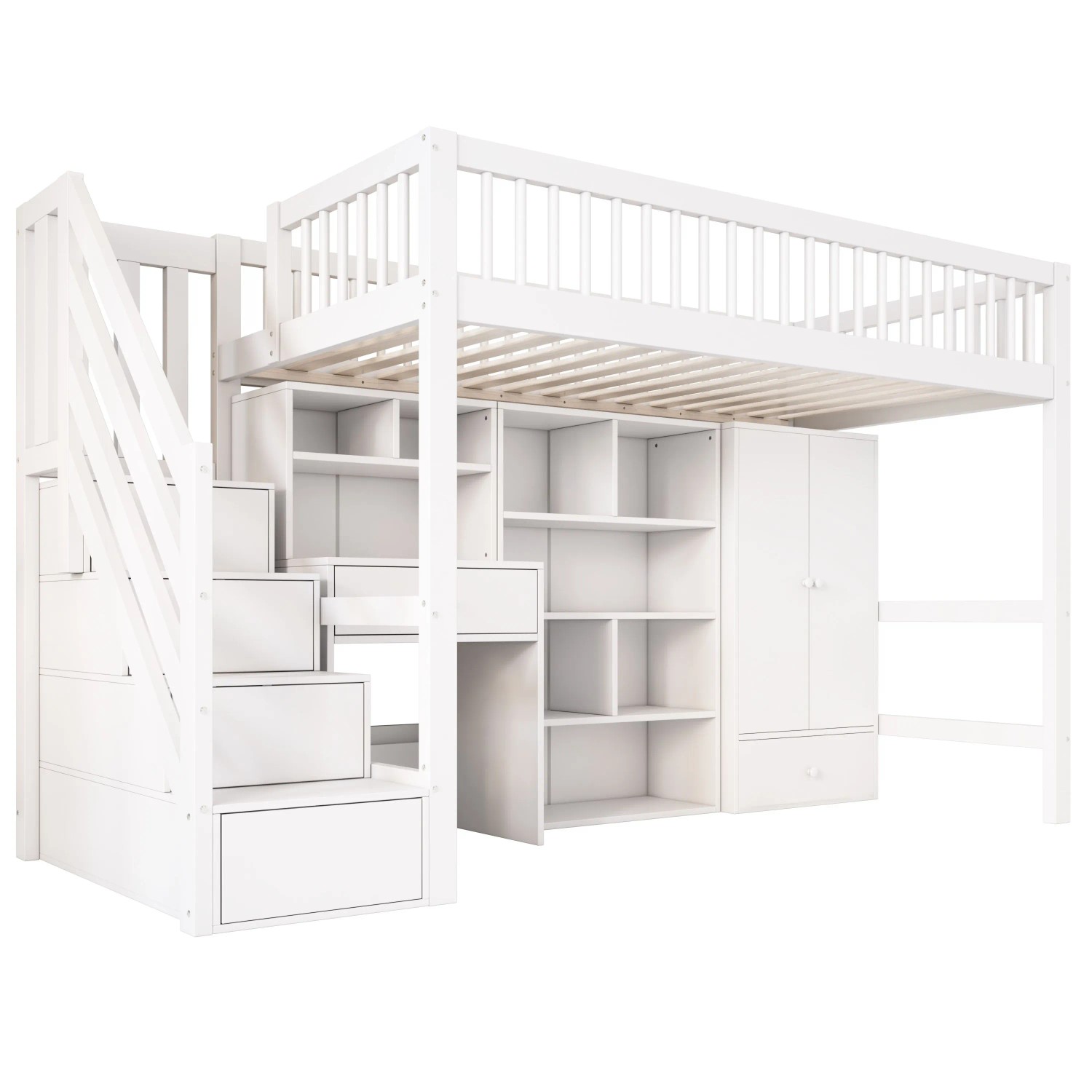 okwish Kinderbett 90x200cm mit Schreibtisch Treppe und Kleiderschrank Weiß ohne Matratze