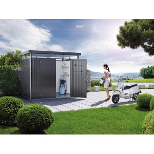 Biohort HighLine Metall-Gerätehaus, dunkelgrau, 7,6 m² mit Doppeltür und Zubehör.