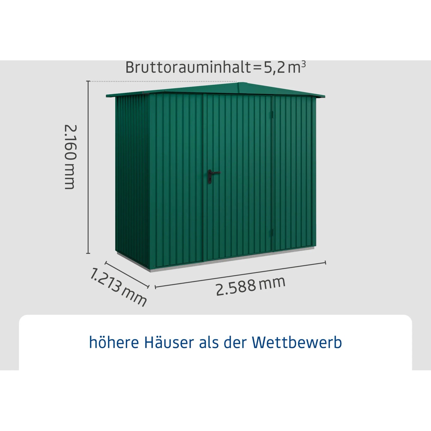 Ecostar Gerätehaus Trend, moosgrün, mit Satteldach und Einzeltür. Kompaktes Metall-Gartenhaus.