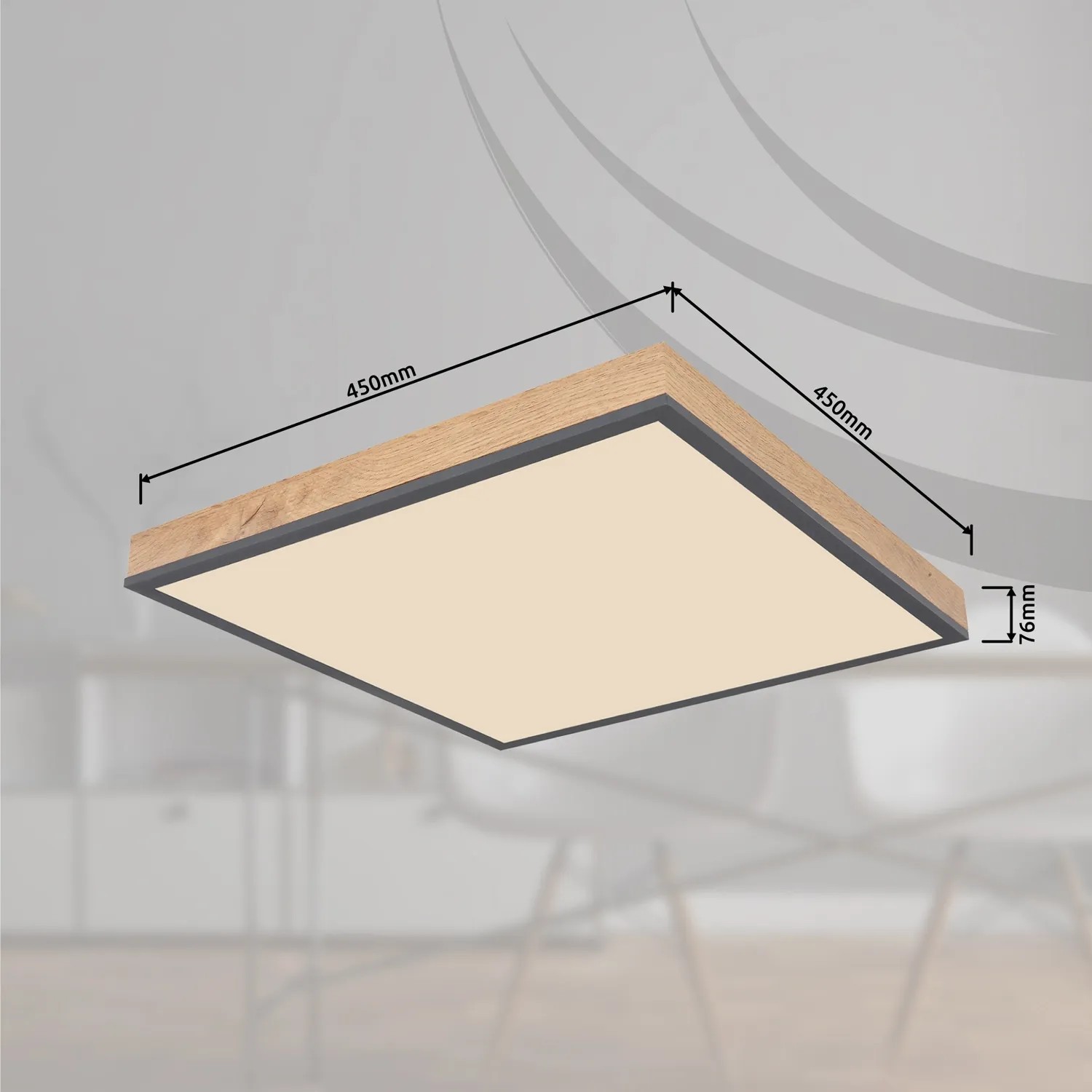 Quadratische LED-Deckenleuchte Doro in Holzfarben/Graphit, 45x45 cm, mit Maßangaben.