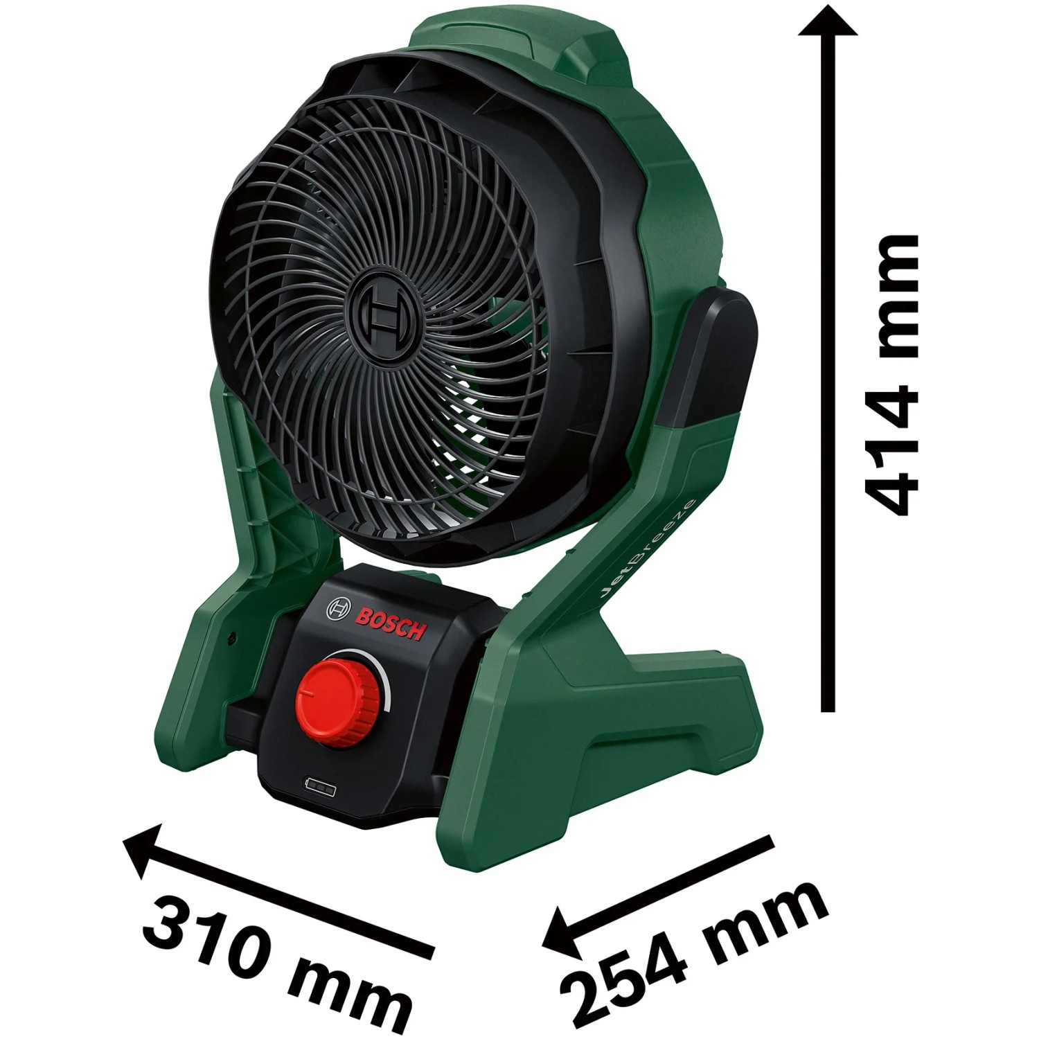 Bosch Akku-Ventilator UniversalFan 18V-1000 Solo, grüner Standventilator mit Maßen.