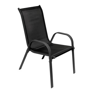 Schwarzer Mojawo Stapelsessel: Gartenstuhl aus Metall mit Textilbespannung, stapelbar.
