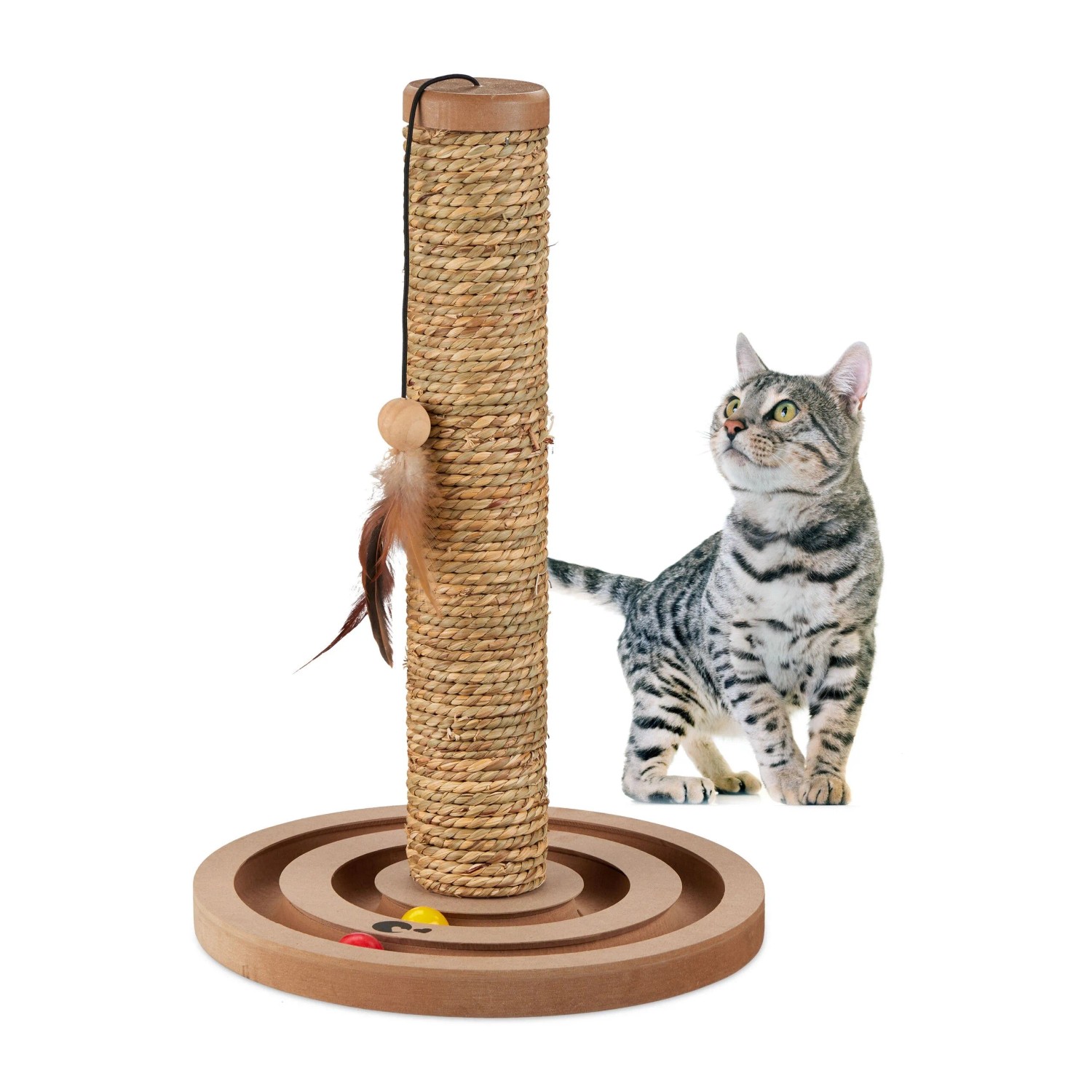 Relaxdays Kratzsäule MDF Seegras Braun mit Spielzeug 45 cm x 30 cm 1,2 kg