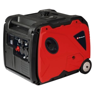 Roter und schwarzer Einhell Stromerzeuger TE-IG 3500 Benzin mit Rädern. Mobiler Inverter-Generator mit 230V, USB, 12V Anschlüssen.
