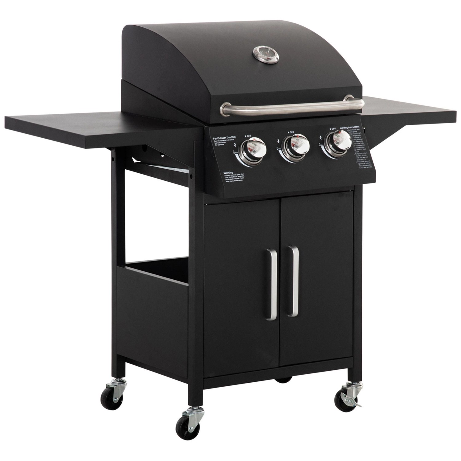 Outsunny Gasgrill mit 3 Brennern 4 Rädern Kohlenstoffstahl Schwarz günstig online kaufen