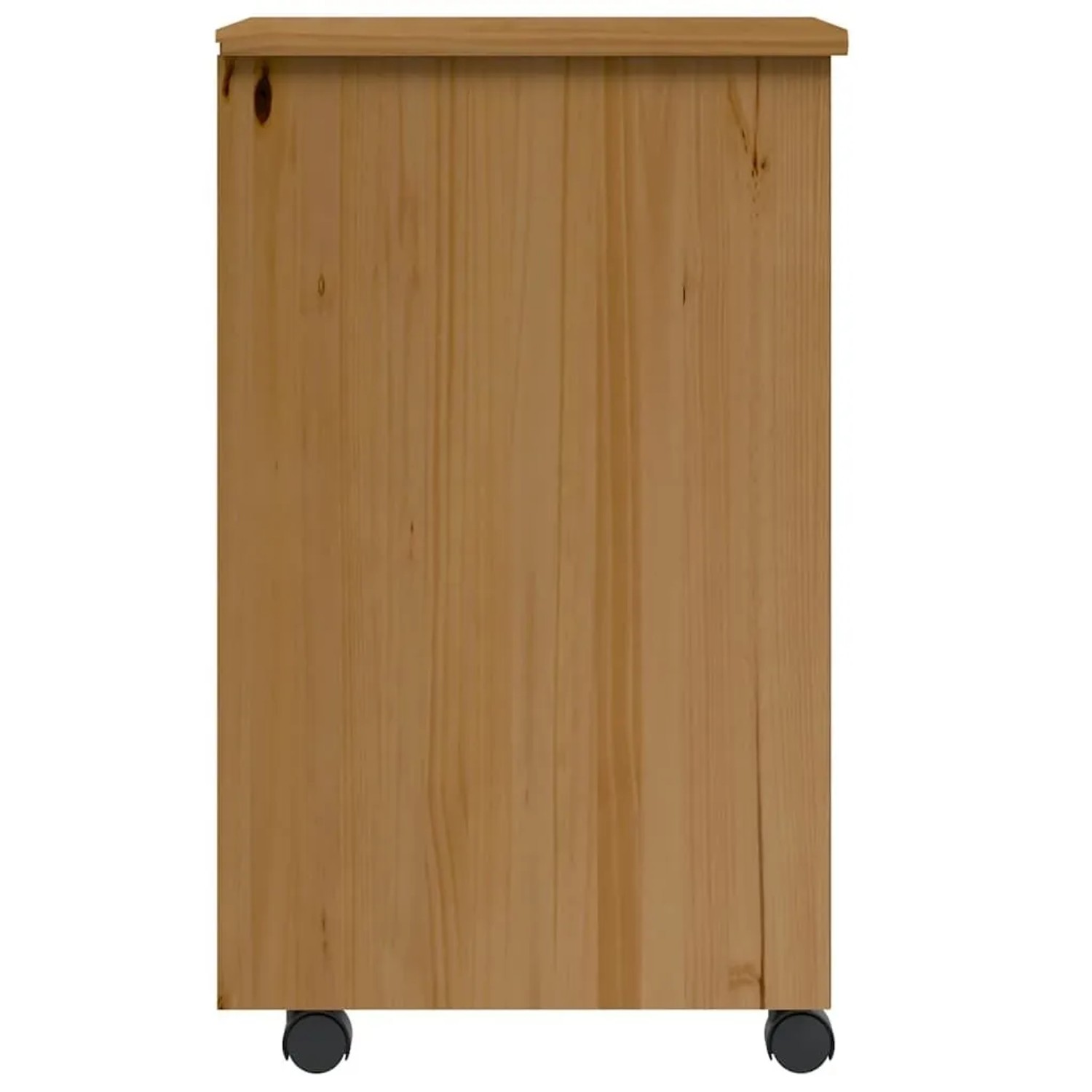 Honigbrauner Rollschrank aus massivem Kiefernholz, Seitenansicht mit sichtbarer Holzmaserung und Rollen.