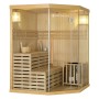 Artsauna Espoo150 Premium Sauna aus Hemlockholz mit Glasfront, Ofen, Eimer, Kelle, Sanduhr und Thermometer.