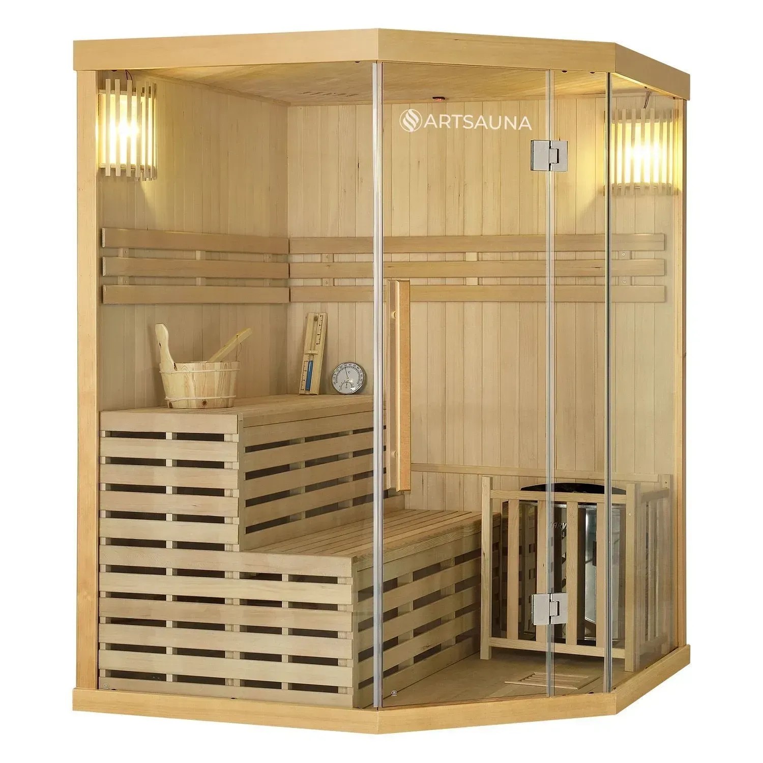 Artsauna Espoo150 Premium Sauna aus Hemlockholz mit Glasfront, Ofen, Eimer, Kelle, Sanduhr und Thermometer.