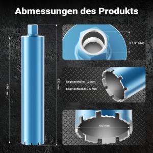 Wiltec Diamantbohrkrone, blau, Ø102mm, 450mm Länge, 1¼ UNC Gewinde. Für Beton, Stein und Granit.