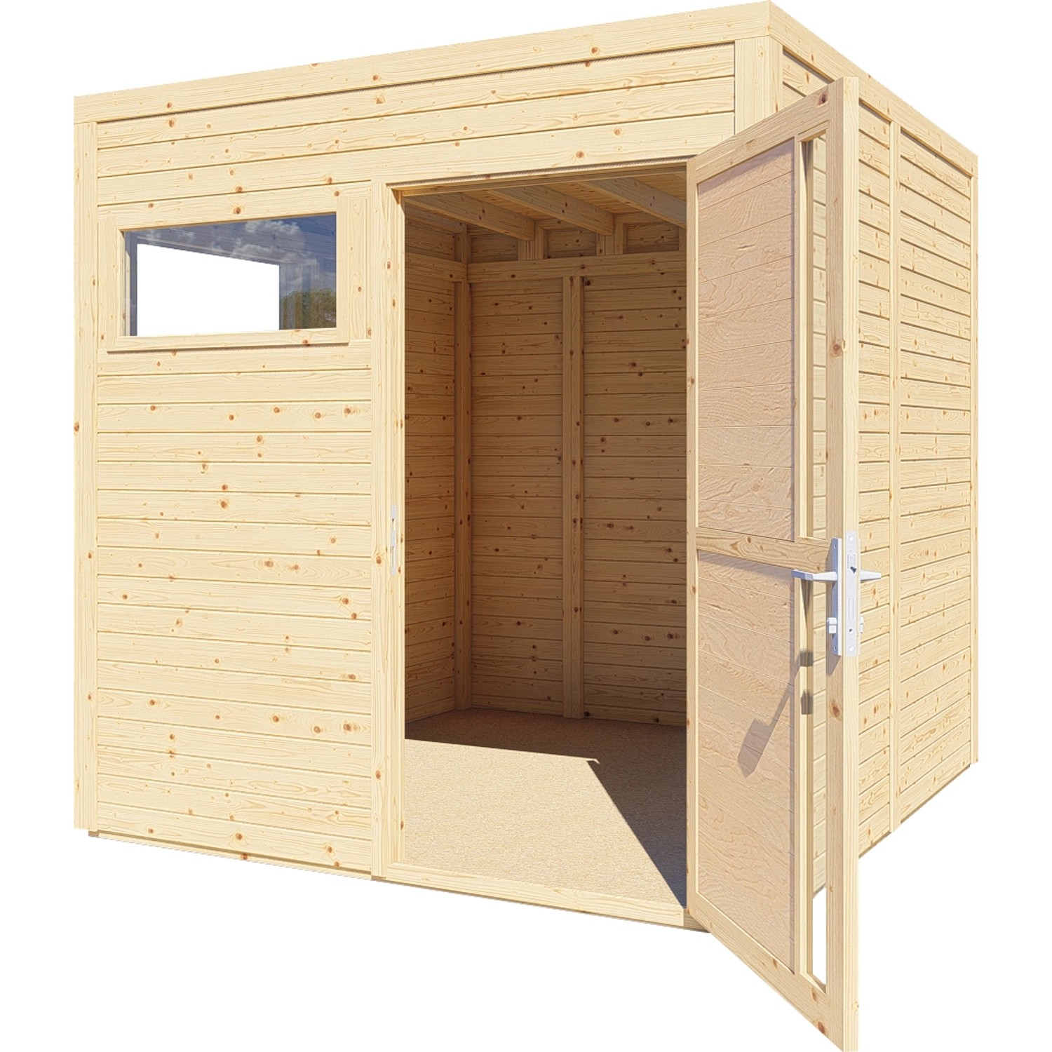 Bertilo Holz-Gartenhaus Cubus 2 aus Fichte mit offenstehender Tür und Fenster.