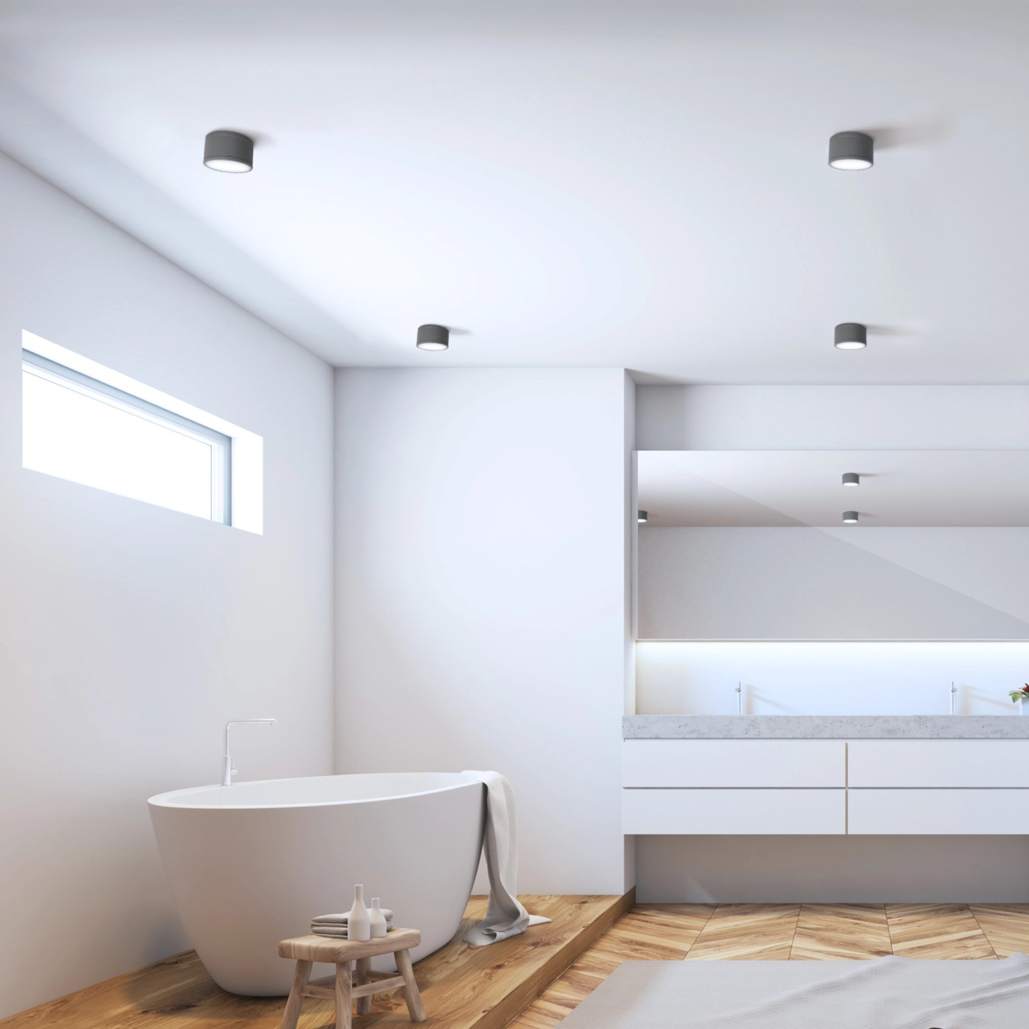 Flache, runde, anthrazitfarbene LED Aufbauleuchte von SSC-LUXon (CELI-WX) im Badezimmer.