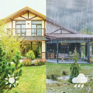 Haus mit Garten im Sonnenschein und im Regen, Symbol für Wetterfestigkeit.