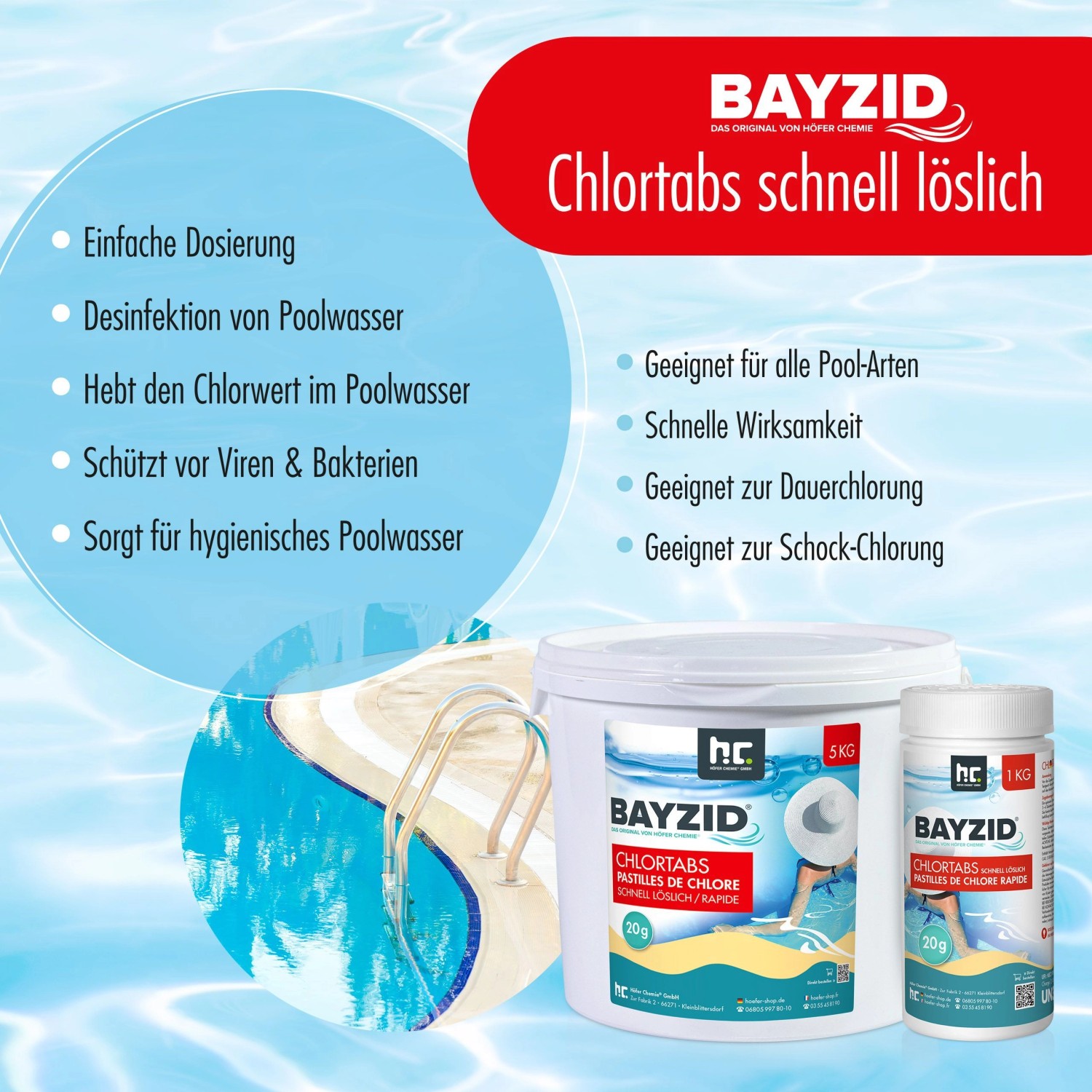 Bayzid Chlortabs 20g, schnell lösliche Chlortabletten zur Poolreinigung in 1kg und 5kg Dose.