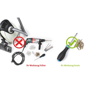 Werkzeugvergleich: Bohrmaschine, Staubsauger vs. Schraubendreher und Schrauben für Rigips Habito Ausbauplatten.