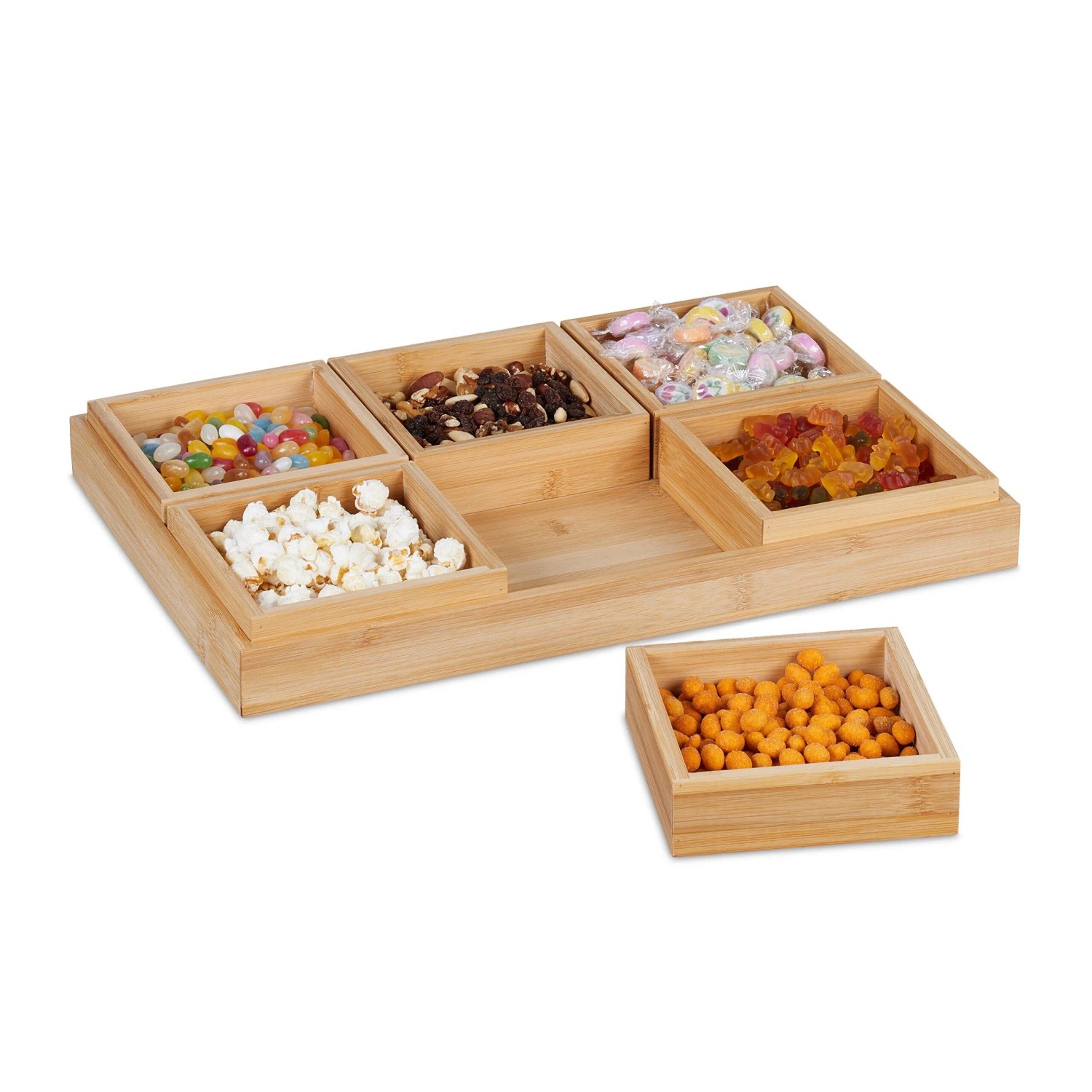Relaxdays Snackschalen Set Bambus Natur Mit Serviertablett 47 cm x 32,5 cm x 5,5 cm 2,1 kg