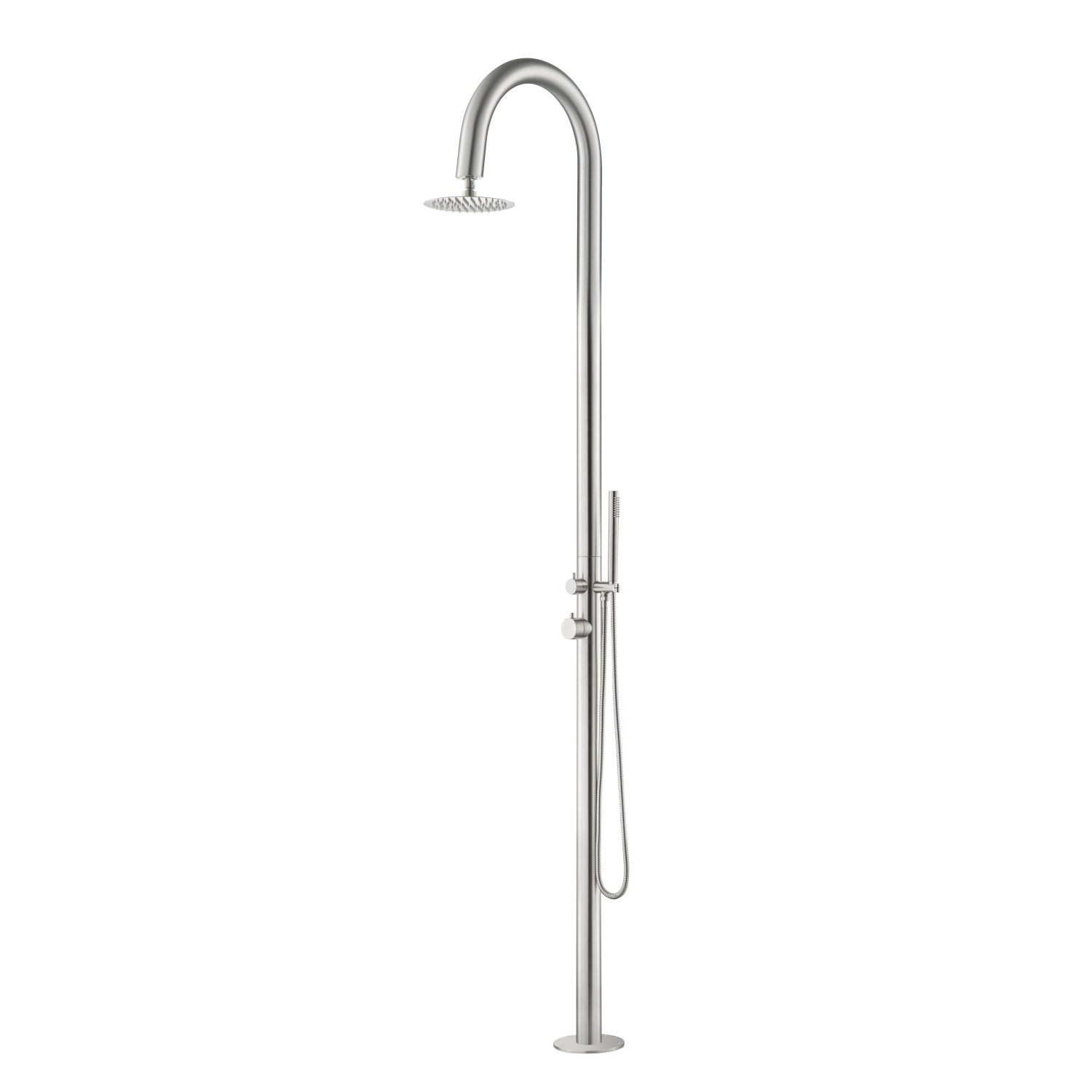 Euroshowers Außendusche Gartendusche Rund Edelstahl 316 Kalt und Warmwasser mit Kopf und Handbrause 230 CM
