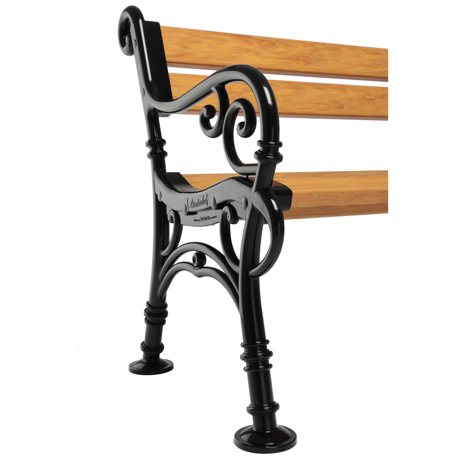 Detailansicht der Blome-Tillmann 2er-Bank Linderhof, Gartenbank mit Holzoptik und schwarzem Gestell.