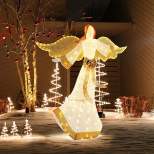 Beleuchteter Weihnachtsengel 160 cm mit goldenen Flügeln und warmweißen LEDs für festliche Außen-Weihnachtsdeko im Garten.