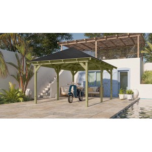 Karibu Pavillon Bever 4 Set mit schwarzen Schindeln, 429x289x296 cm, im Garten mit Roller.
