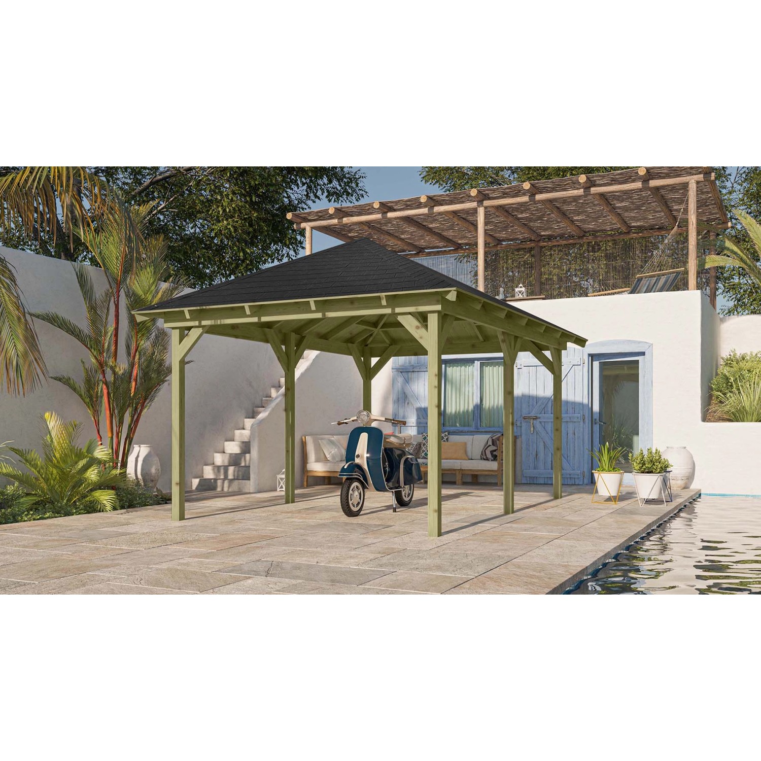 Karibu Pavillon Bever 4 Set kdi mit Schindeln Schwarz 429 cm x 289 cm x 296 cm