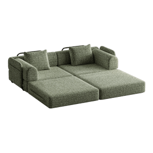 Grünes Chenille Schlafsofa, 2-Sitzer, modular, mit Bettfunktion und Armlehnen mit Stauraum.