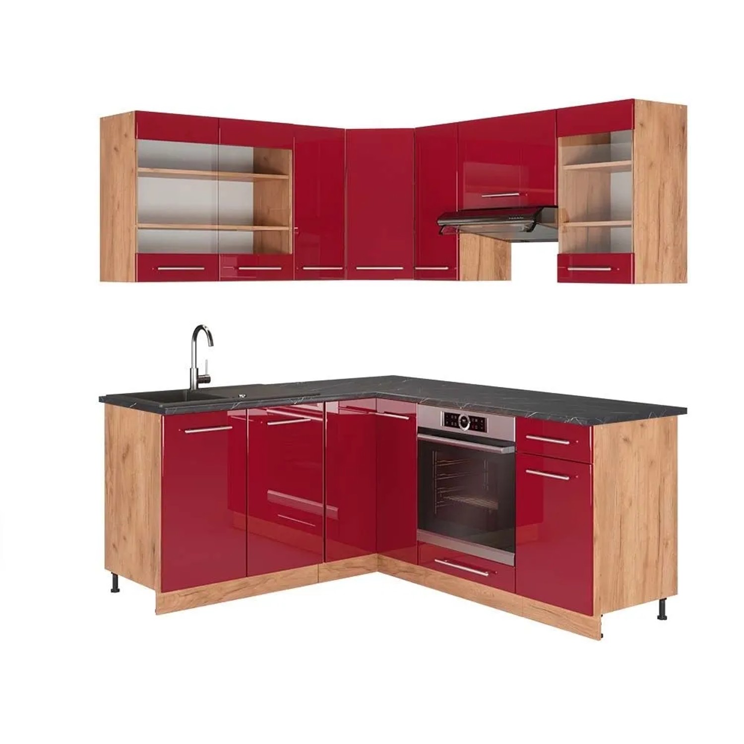Vicco Eckküche Fame-Line Bordeaux Hochglanz/Goldkraft Eiche 190 x 82, AP Anthrazit