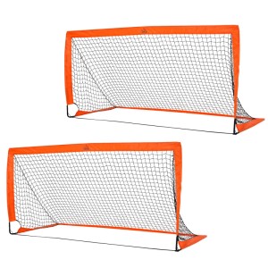 Zwei orange-schwarze HOMCOM Fußballtore aus Metall mit Oxfordstoff und Netz, tragbar für Spiel & Spaß.