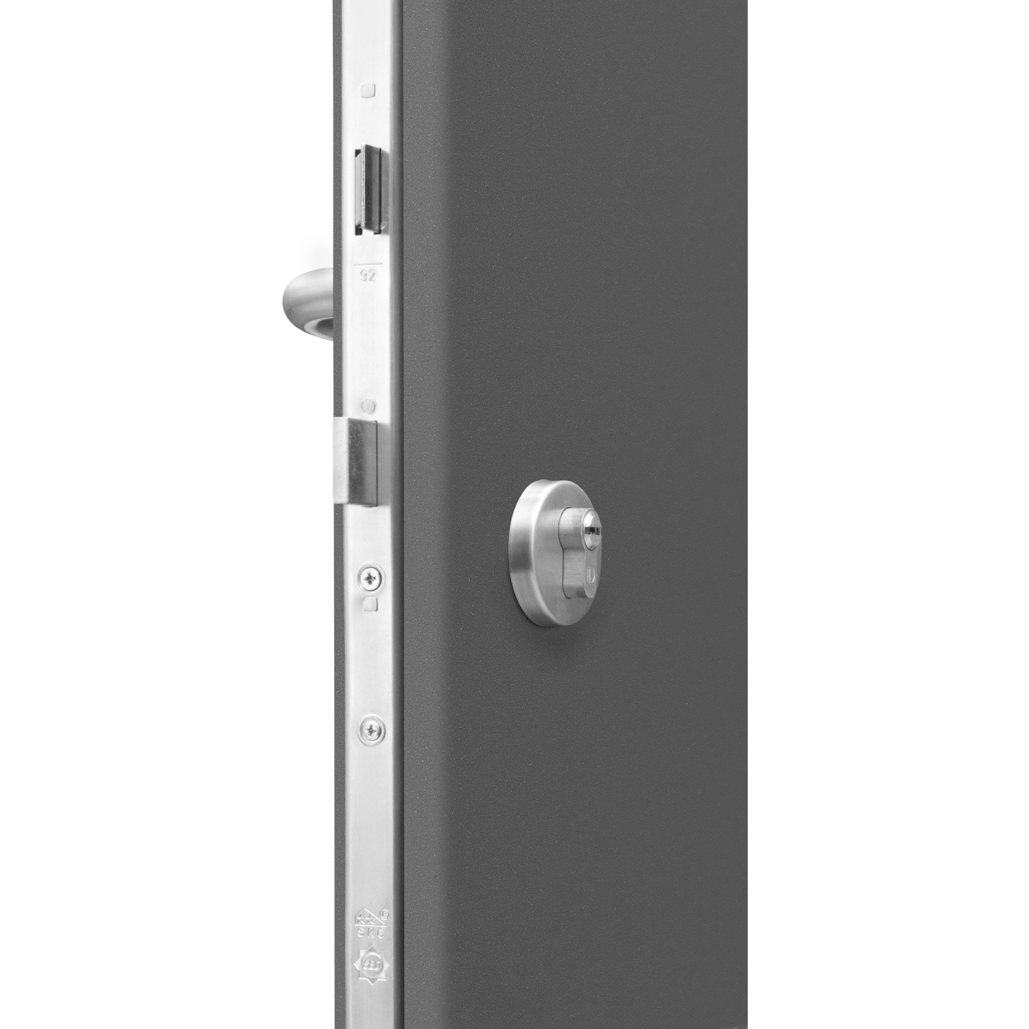 Detailansicht der anthrazitfarbenen Haustür Thermospace Milano Prime mit Schloss und Beschlägen.