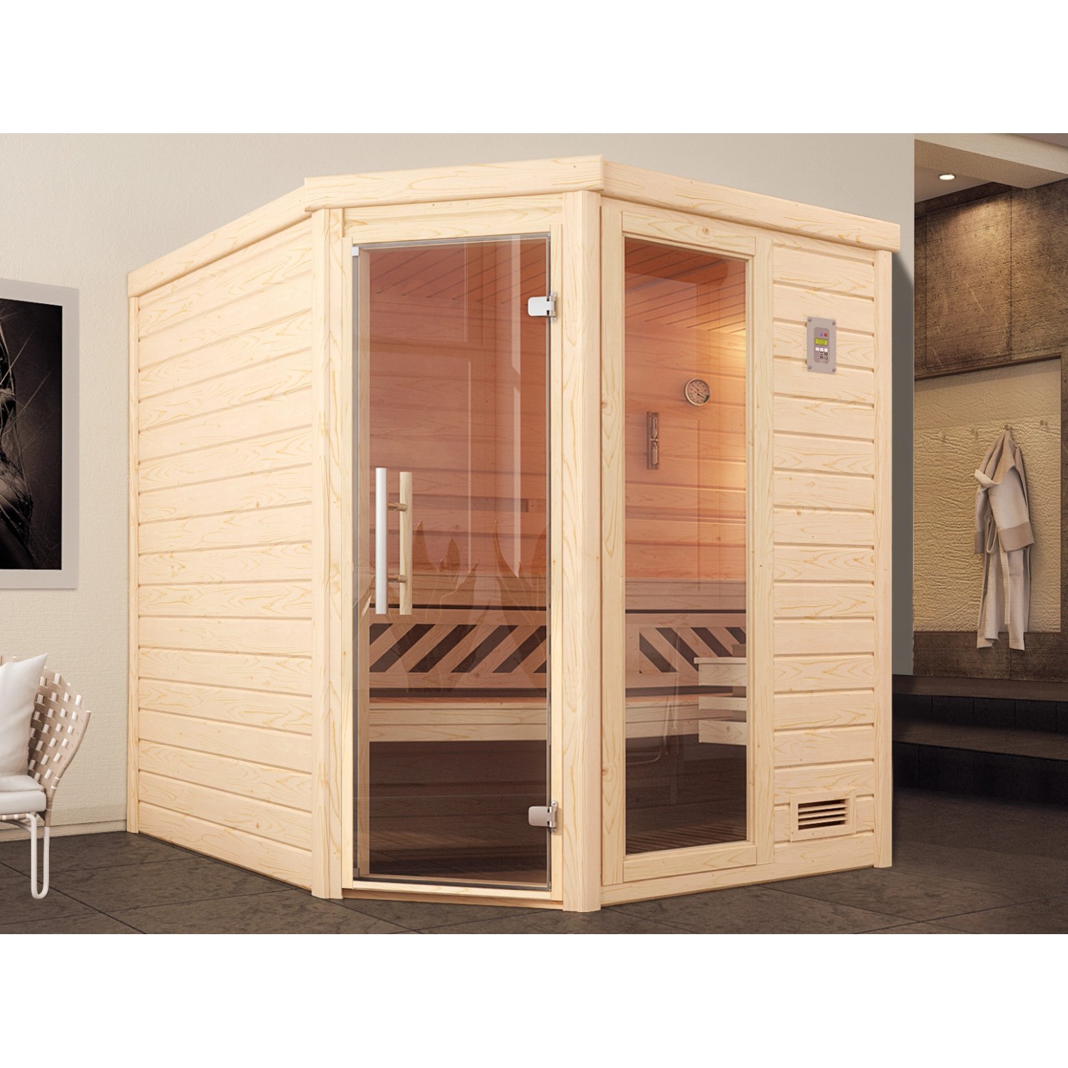 Weka Massivholz-Ecksauna 536 BioS Set Gr. 1 mit Glastür und Fensterelement günstig online kaufen