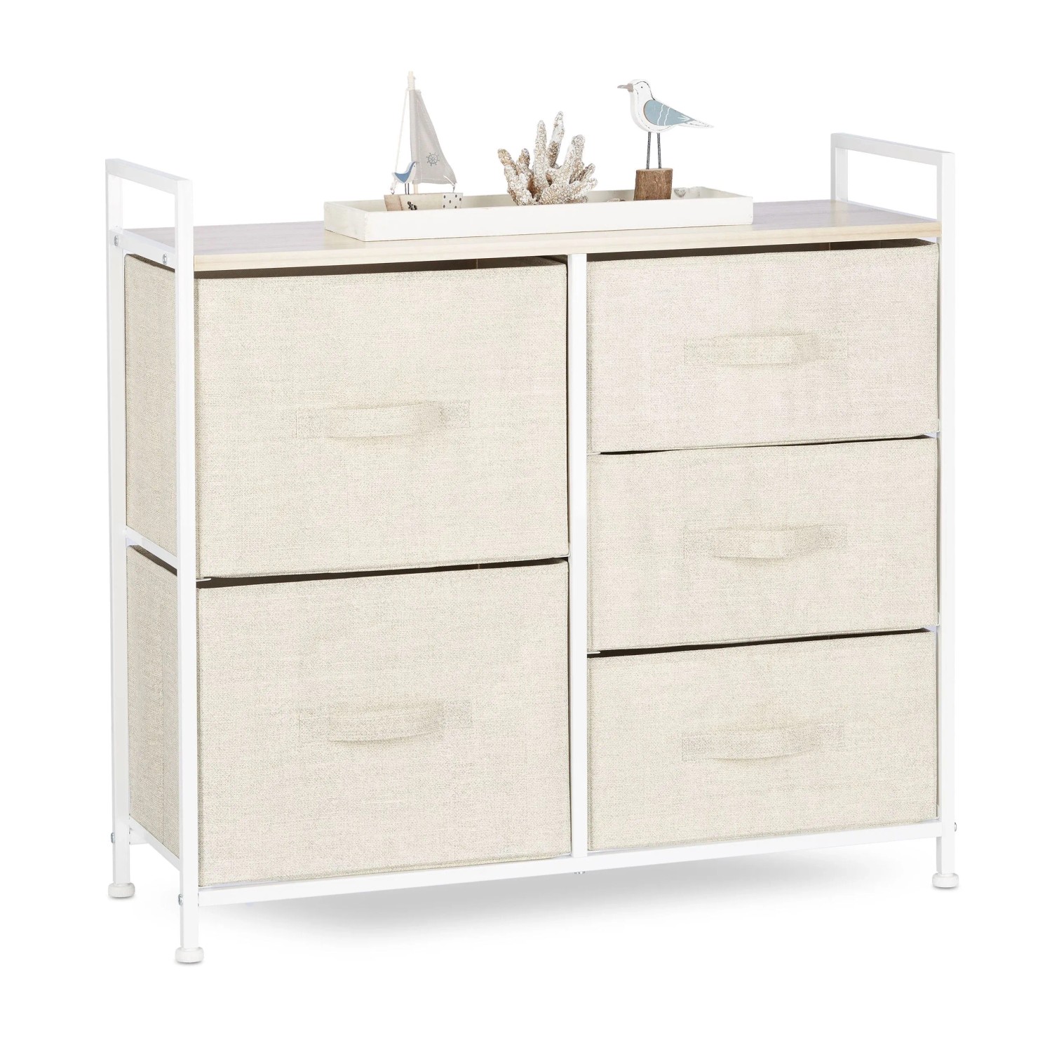 Relaxdays Regalsystem Stahl Stoff MDF Beige Weiß Mit Schubladen 77,5 cm x 83 cm x 29 cm 9 kg