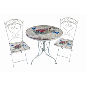 Weißes 3-teiliges Bistro-Set Floral von Garden Pleasure mit Tisch und zwei Stühlen.