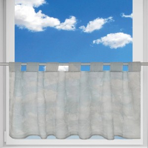 Graue Bistrogardine Angie 45x120 cm mit Schlaufen am Fenster, Tageslicht scheint durch.