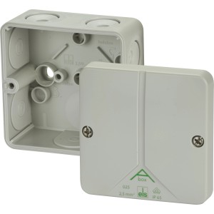 Spelsberg Abzweigdose IP65, 80x80x52mm, grau, Aufputzmontage, mit Deckel und Leitungseinführungen.