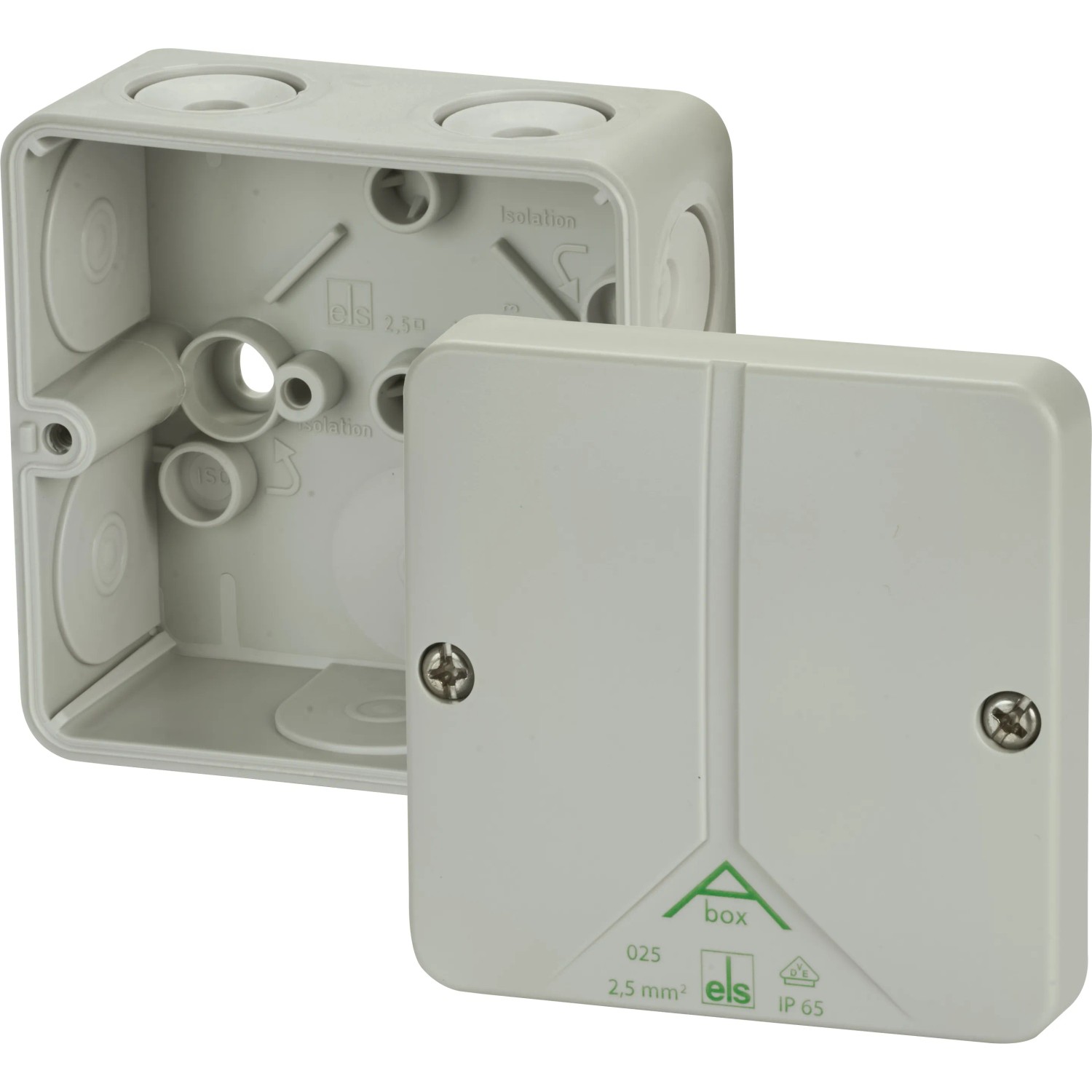 Spelsberg Abzweigdose IP65, 80x80x52mm, grau, Aufputzmontage, mit Deckel und Leitungseinführungen.